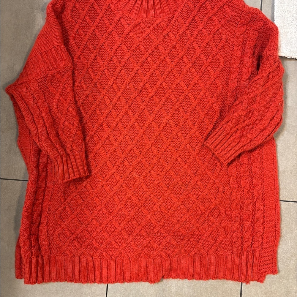 Mer Sea Cozy orange Red Cable Knit Sweater with cropped sleeves one size